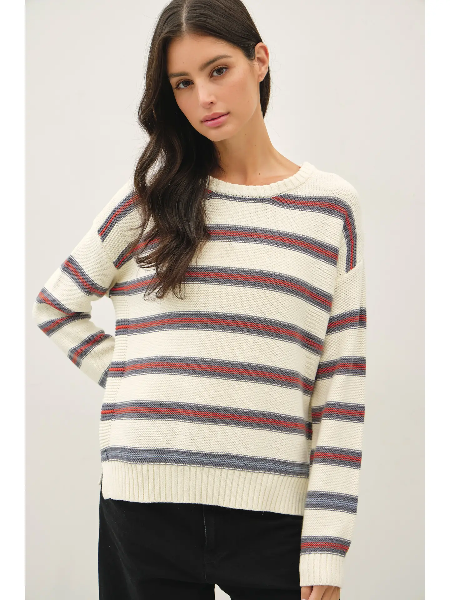 Ribbing Detail Texture Multi Striped Sweater, slate blue-front