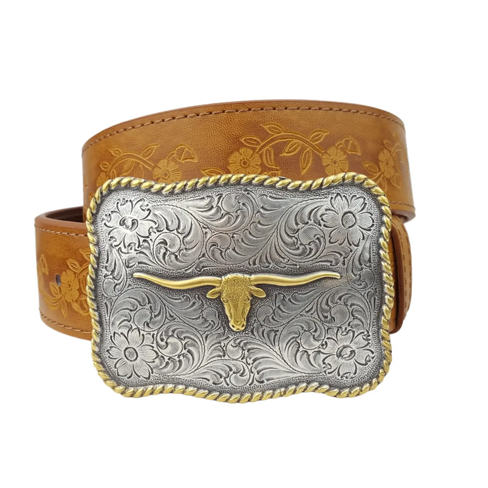 Popular Long Horn Buckle with Vintage Floral Tooled Belt close up