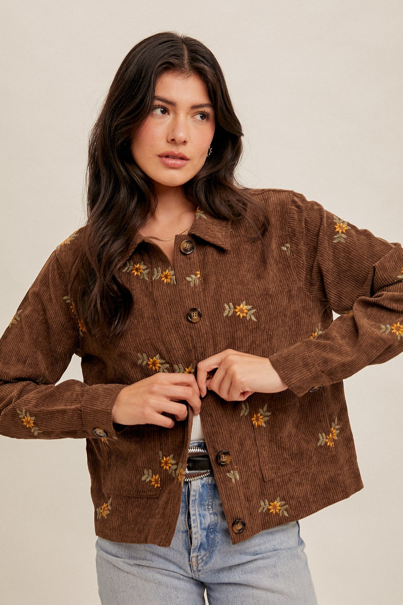 Embroidered Corded Shirt Jacket front