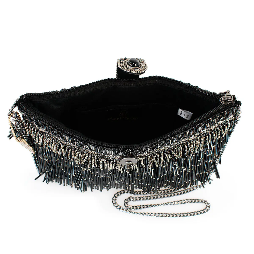 Shimmy, Black Fringe Beaded Crossbody Handbag interior
