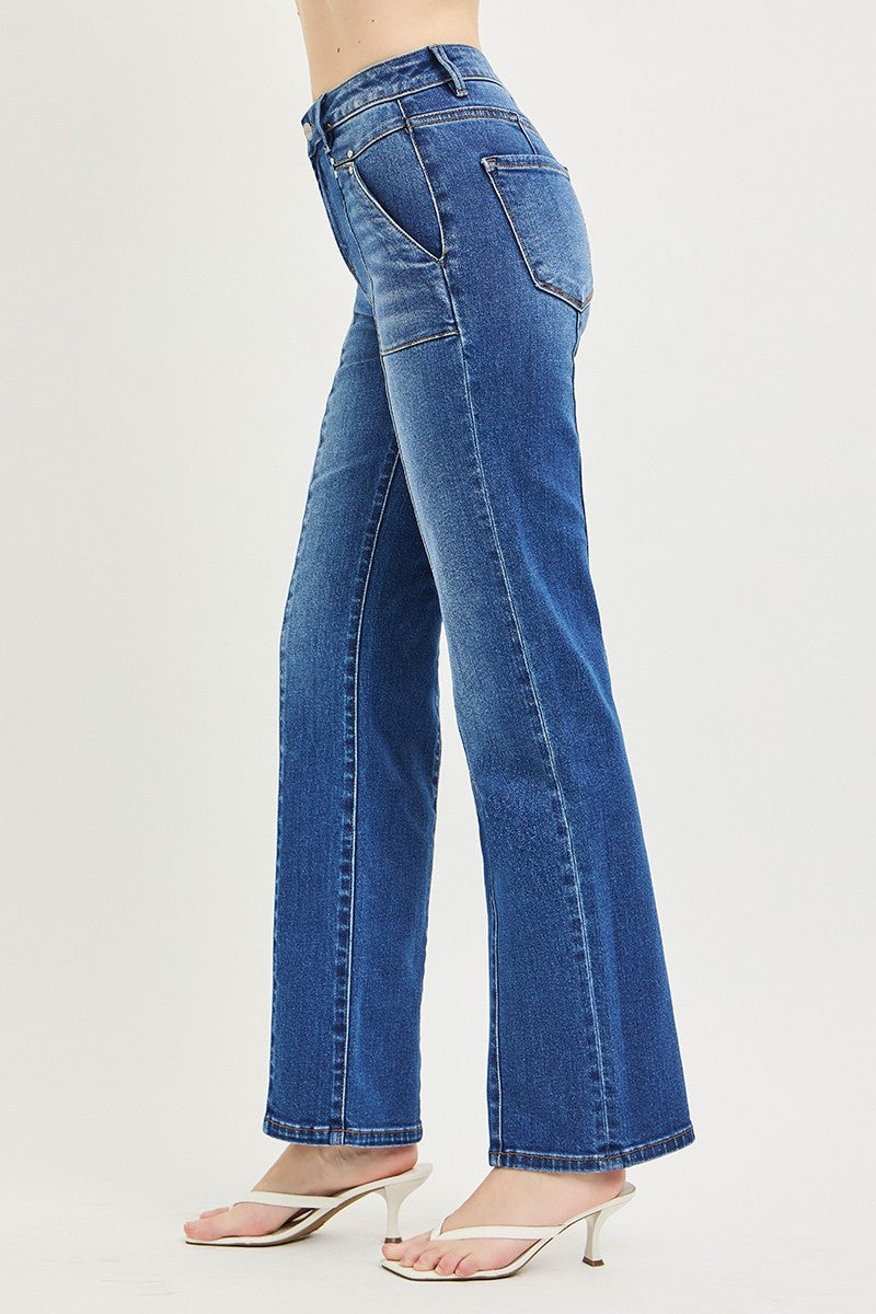 High Rise Straight Patch Pocket Seamed Jeans, dark-Side