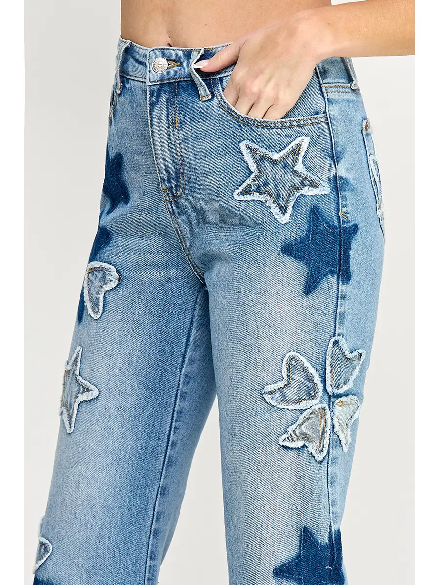 High Rise Star & Heart Patched Dad Jean