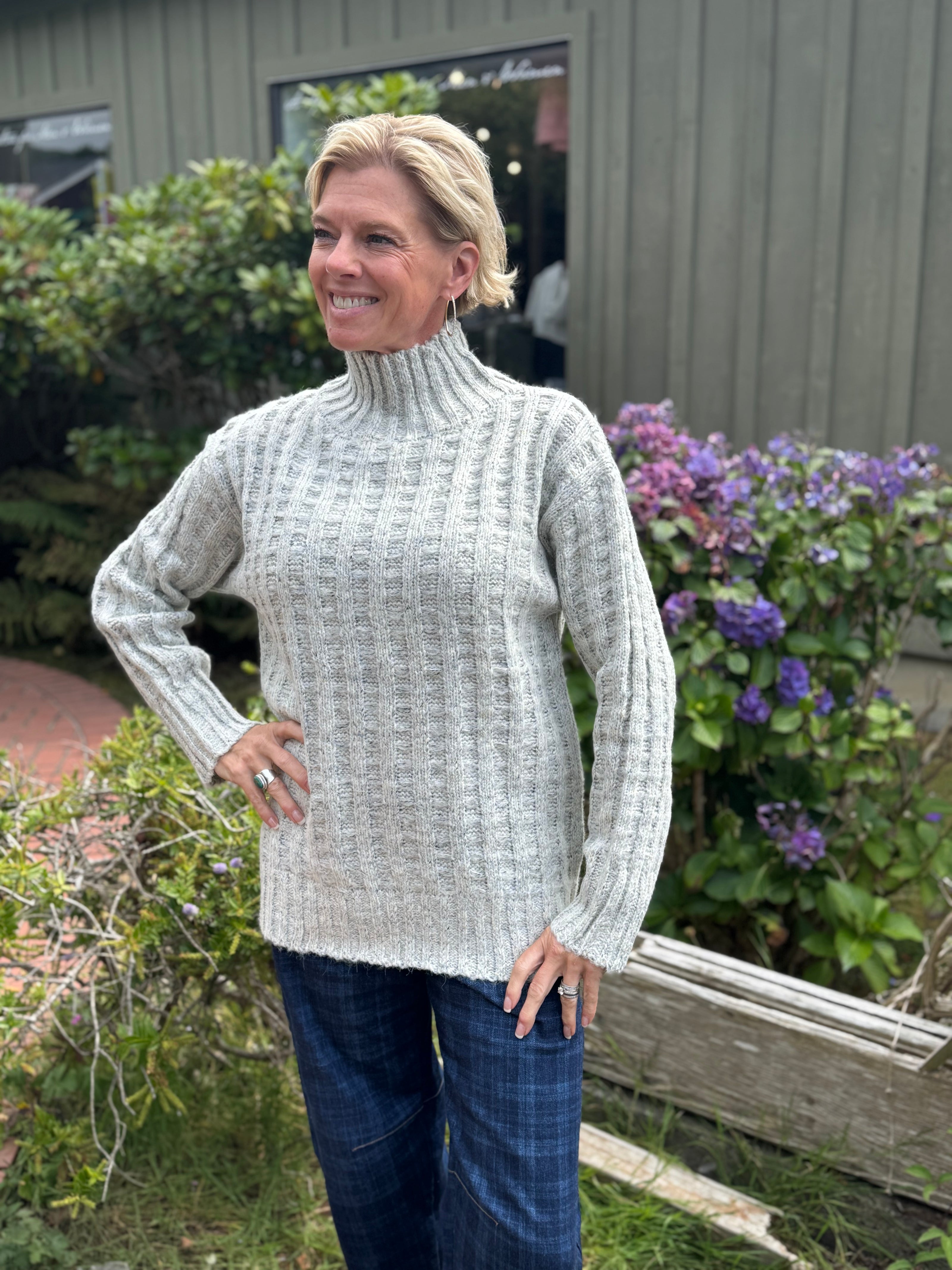 The Sophia Waffle Weave Sweater, lt melange gray-front