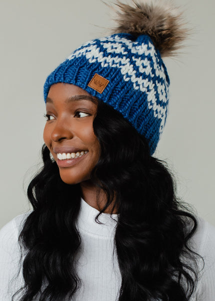 Blue & White Patterned Pom Hat