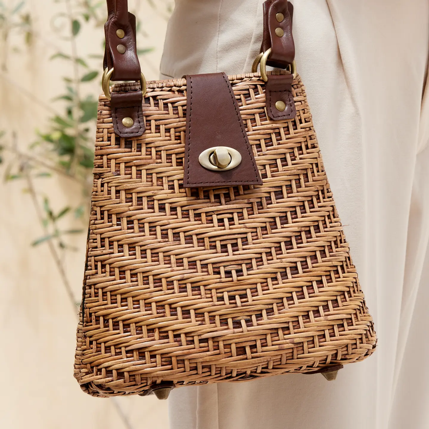 Rattan Handbag with Leather Elbow Strap