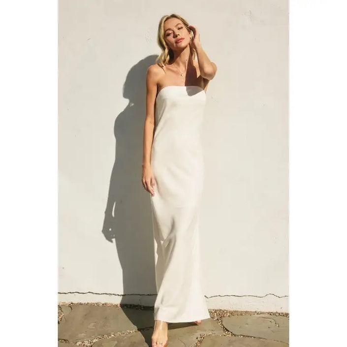 Linen Strapless Tie Back Maxi Dress