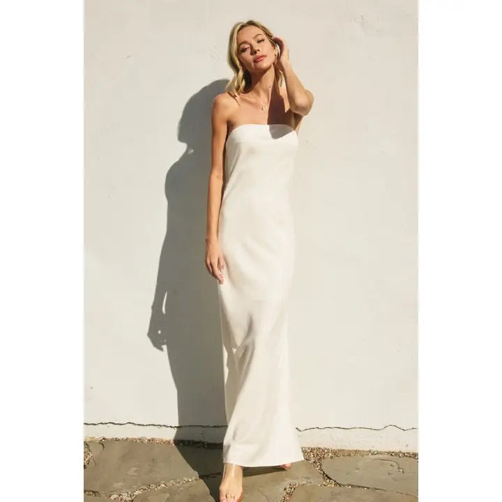 Linen Strapless Tie Back Maxi Dress