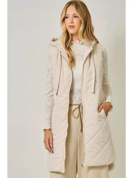 Yvonne Puffer  Quilted Long Hoodie Vest, ivory-front