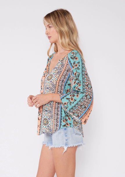 Bohemian Wide Sleeve Split V Neck Blouse Natural/Tangerine side
