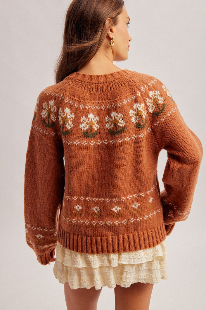 Evie Chunky Yarn Flower Motif Cardigan, rust-back