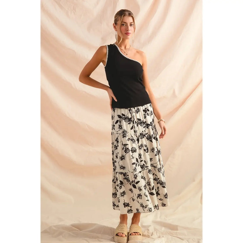 Floral Woven Print Front Slit Boho Skirt, Black/Ivory