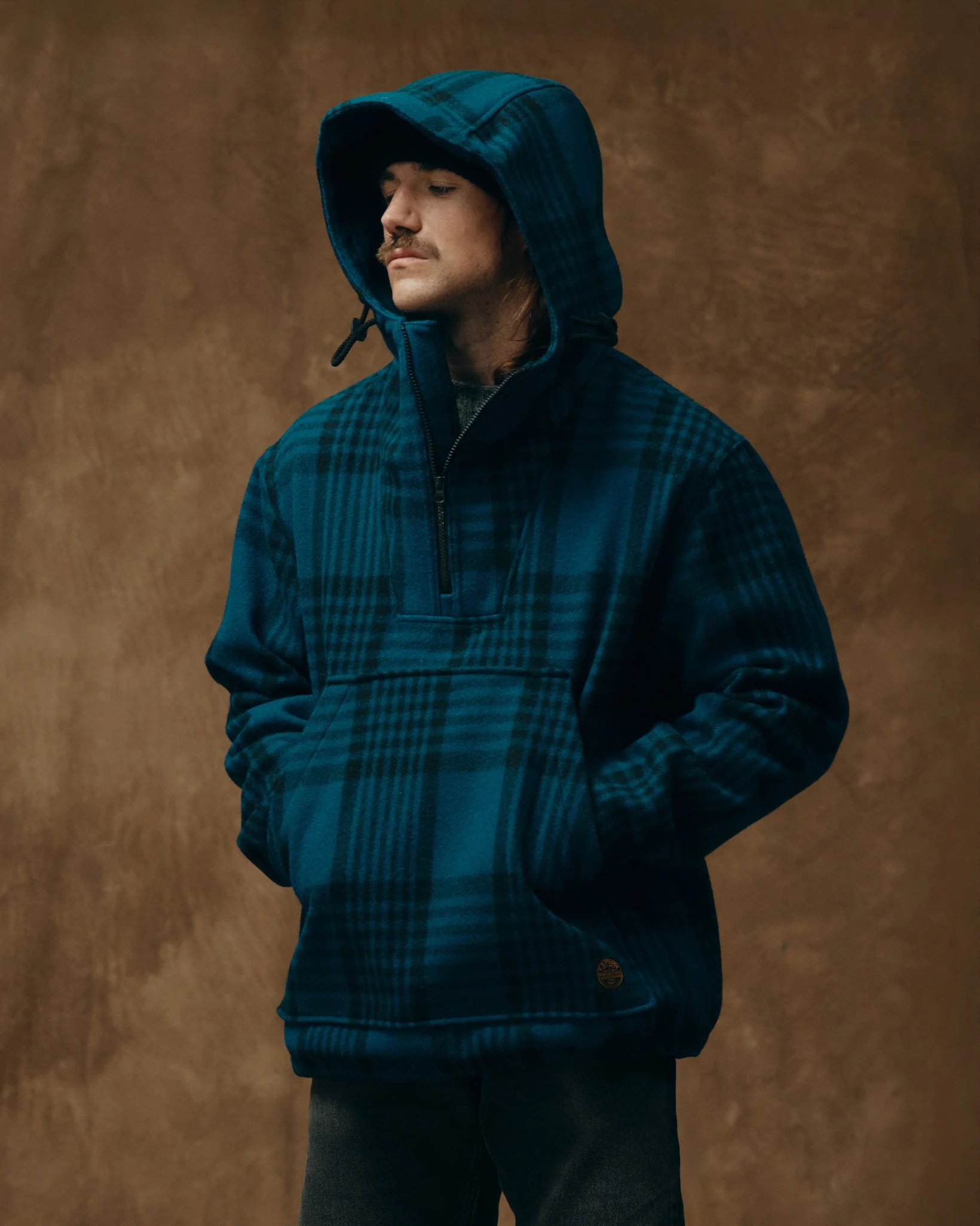 Filson mackinaw wool anorak blue black plaid styled front