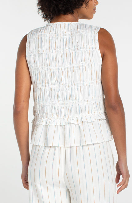 Sleeveless Tie Front Woven Top W/ Smocking