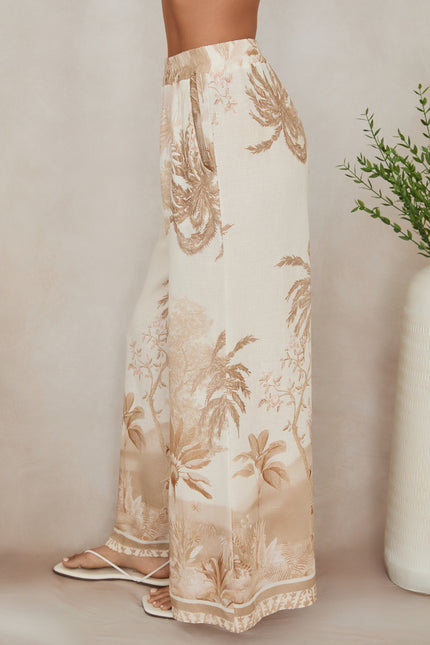 TROPICAL PALM TREE WIDE LEG LINEN PANTS, cream/camel-side