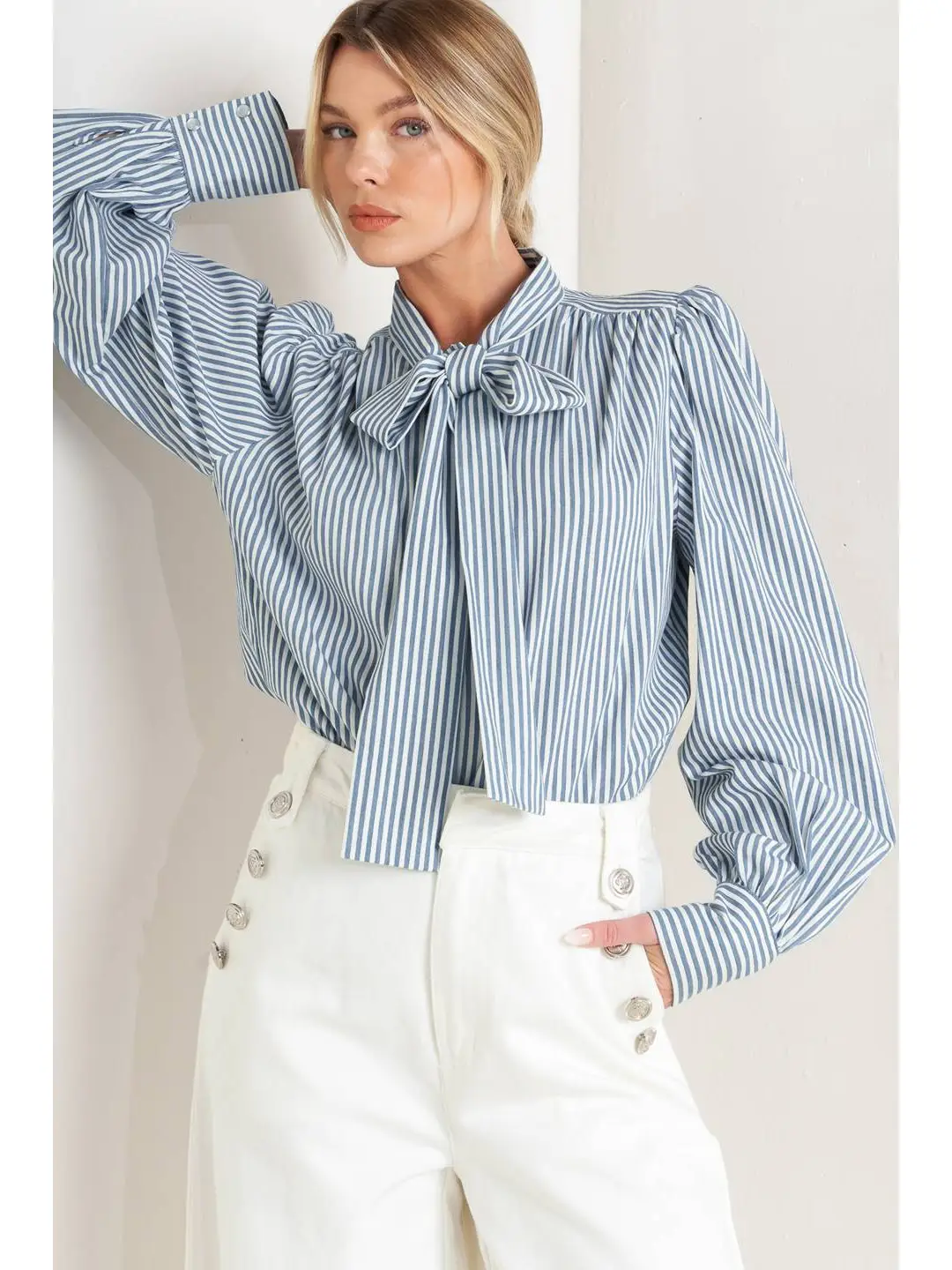 Clara Striped Woven Top, blue/white-front