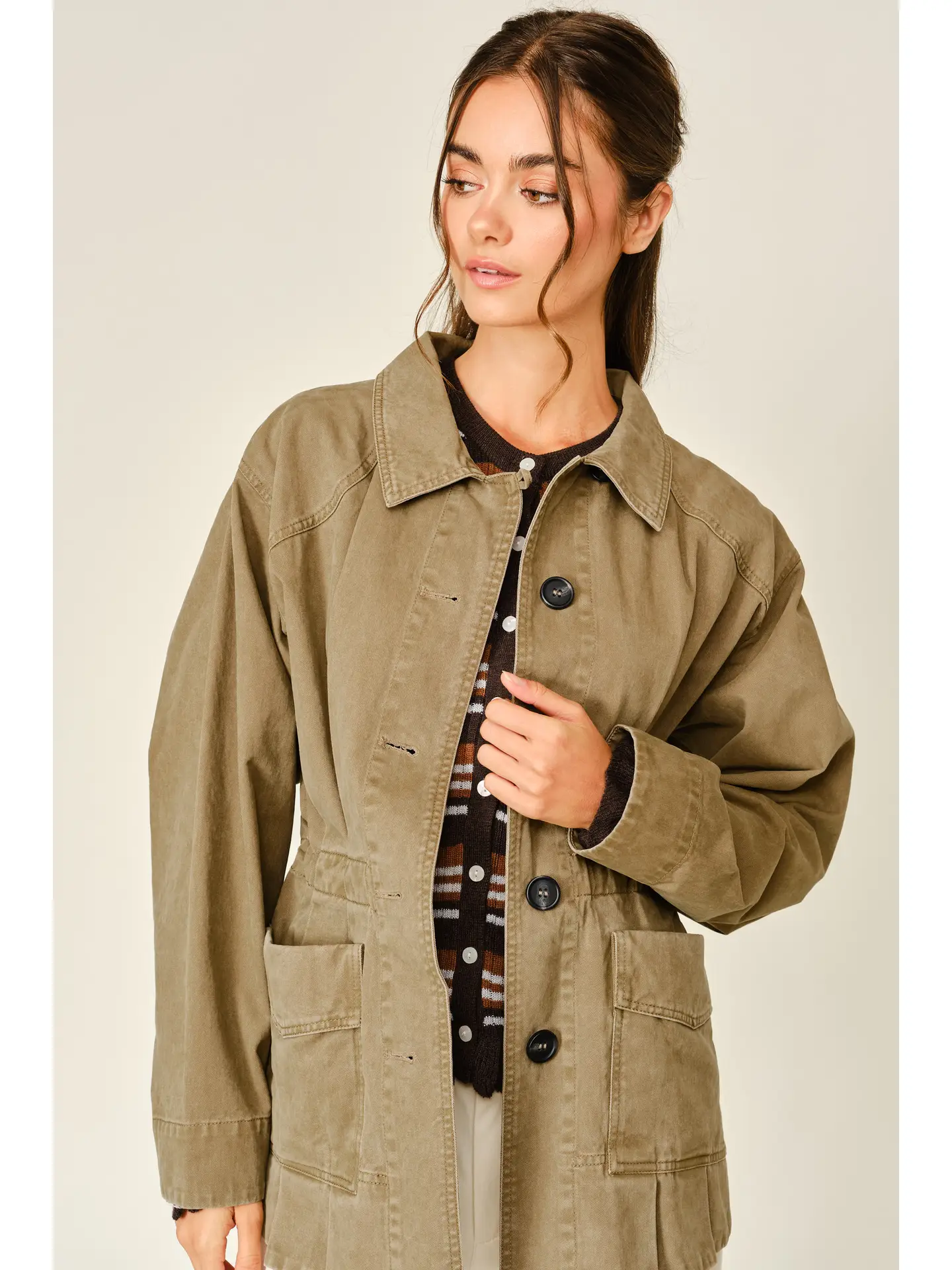 Soft Texture Pleated Hem Military Jacket