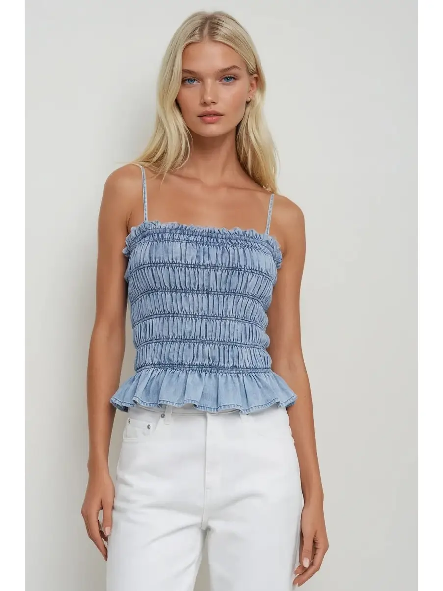 Lilly  Smocked Chambray Top, light denim-front