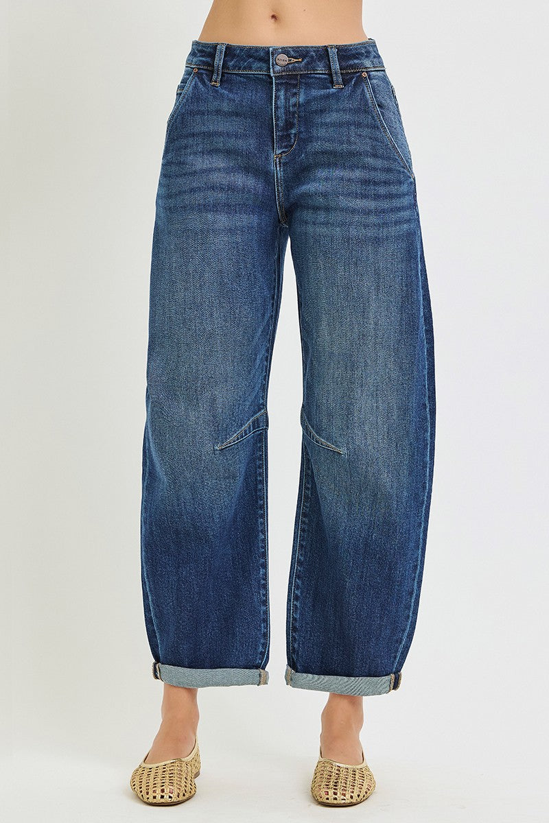Slouchy Crop Barrel Cuffed Jeans-Stretchy
