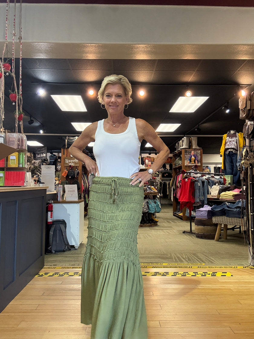 Tiered Ruffled Maxi Skirt-Lt Olive