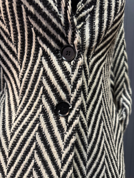 Chevron Notched Lapel Long Sleeve Coat, ivory/black-button detail