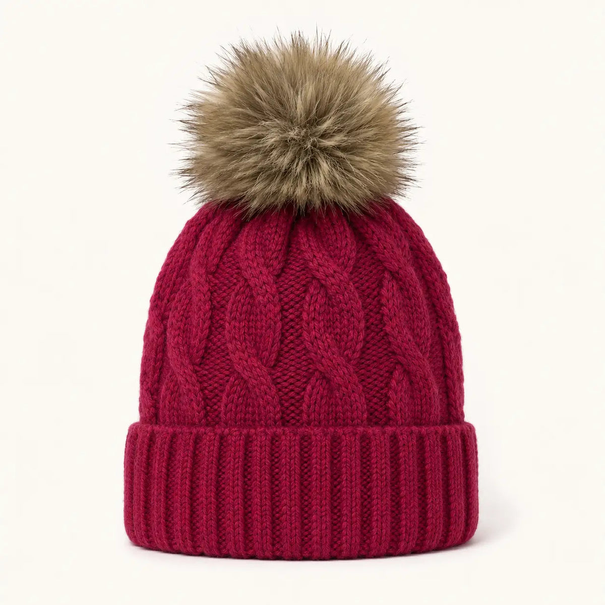 Chunky Cable Knit Pom Beanie-Red