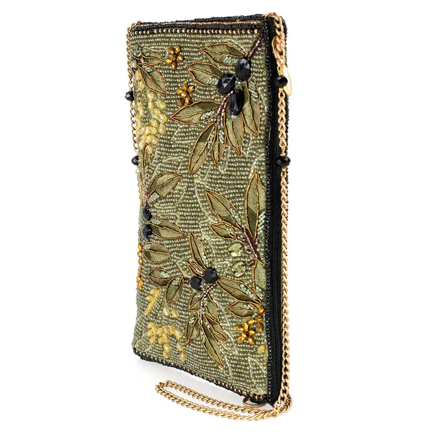 Olive Branch Beaded and Embroidered Crossbody Phone Bag front/side with strap