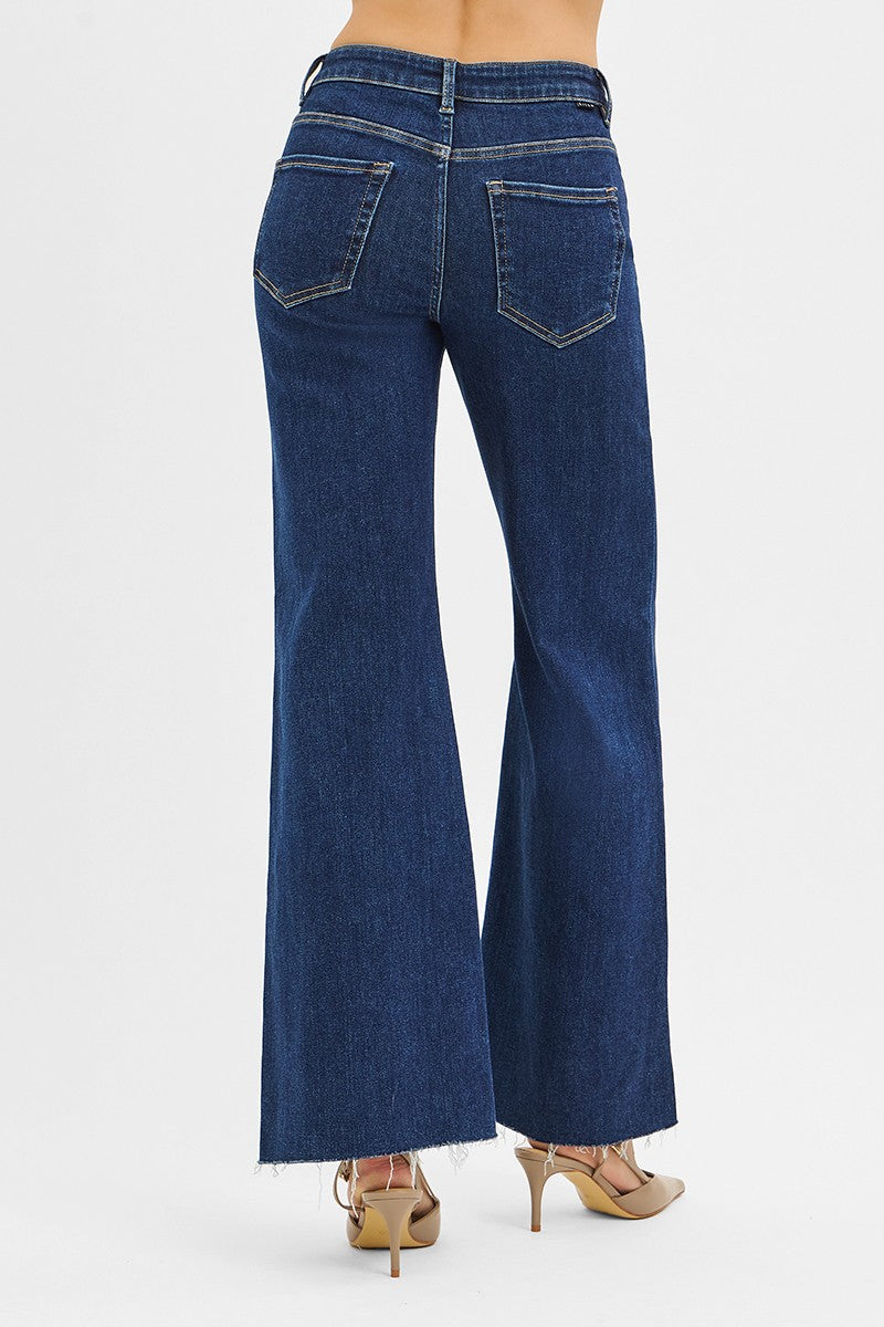 High Rise-Wide Flare-Front Leather Pocket Detail Jeans back