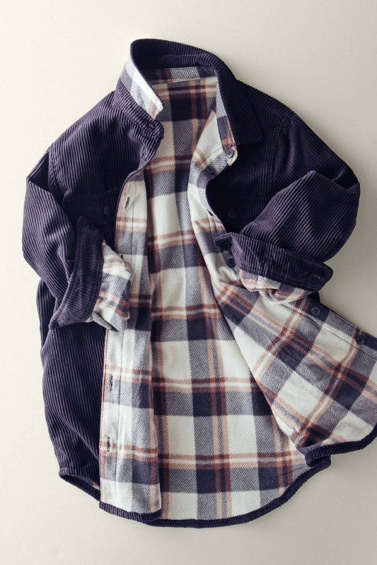Reversible Cord Flannel Plaid Western Shacket
