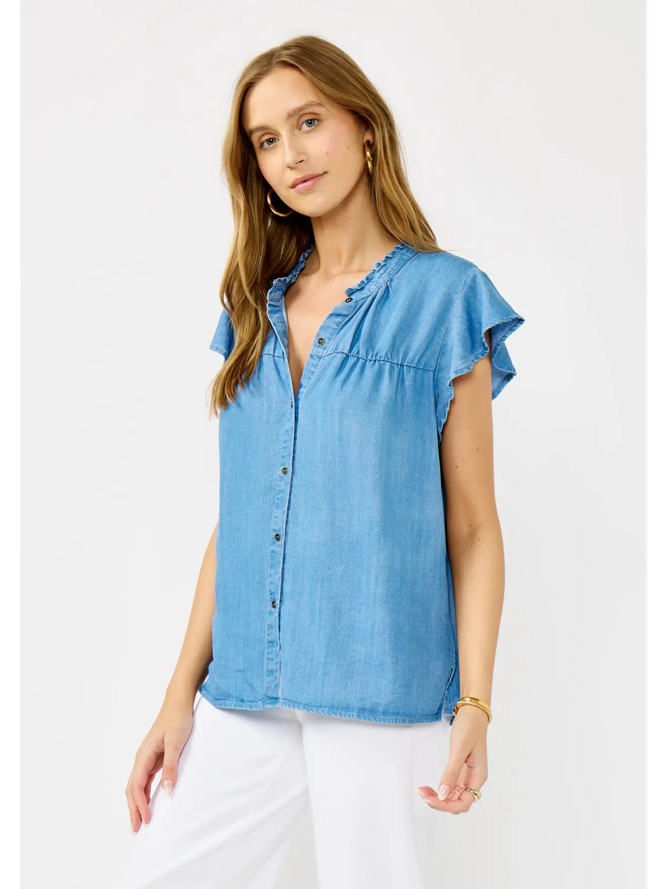 Jenny Flutter Sleeve Button Down front/side