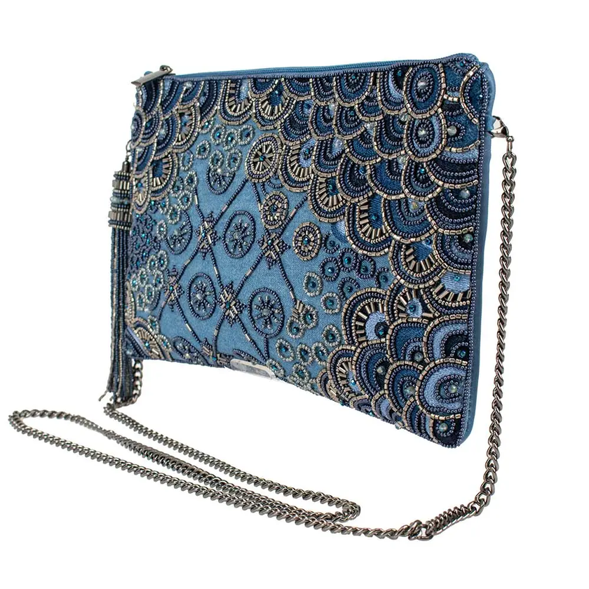 ork It Denim Blue Beaded Embellished Crossbody Clutch front/side with strap