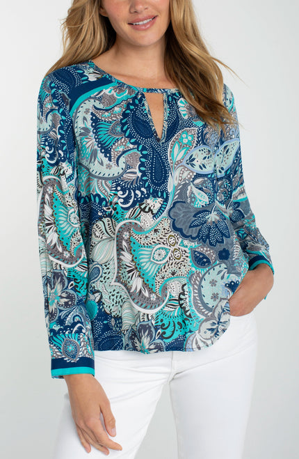 Long Sleeve Woven Top W/ Keyhole Neckline