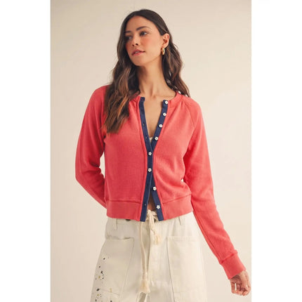 Soft Breeze Contrast Trim Cardigan, ruby red-front