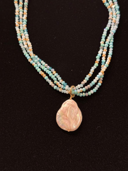 Three Strand Aqua Beaded Necklace with Pearl Drop nw 24 70