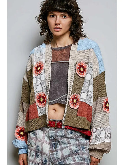 Celeste Crochet Flower Knit Cardigan, olive multi-front