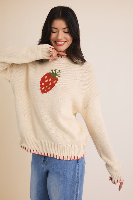 ROUND NECK LONG SLEEVE SLOUCHY STRAWBERRY SWEATER