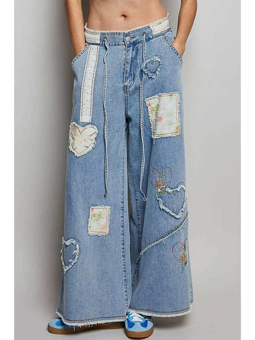 Elastic Waist Heart Floral Print Patch Wide Denim Pant