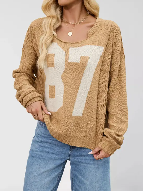  Casual Colorblock Knit Sweater with Number Print khaki
