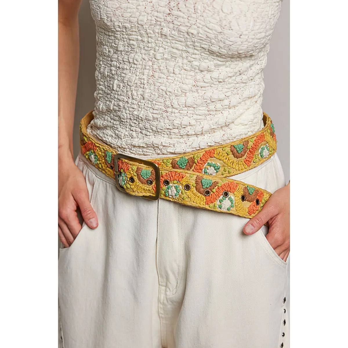 Handcrafted Embroidered Belts - One Size, honey multi-front