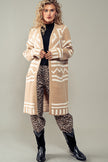 Aztec Print Long Body Open Knit Cardigan ONE SIZE Camel front