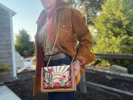 Desert Sunrise Beaded Cactus and Floral Crossbody Handbag