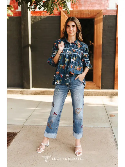 Giddy up Embroidered Cuffed Denim