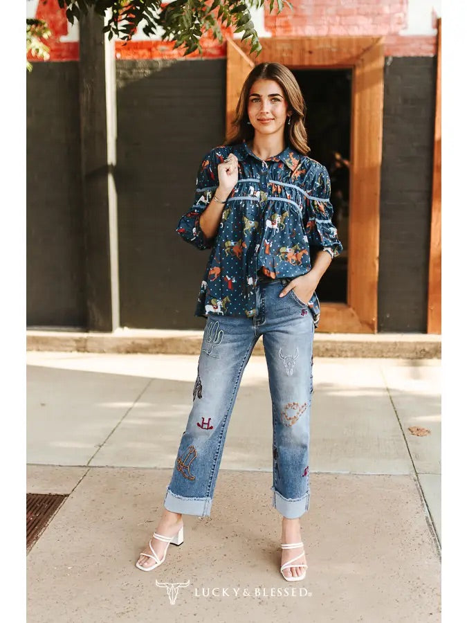 Giddy up Embroidered Cuffed Denim