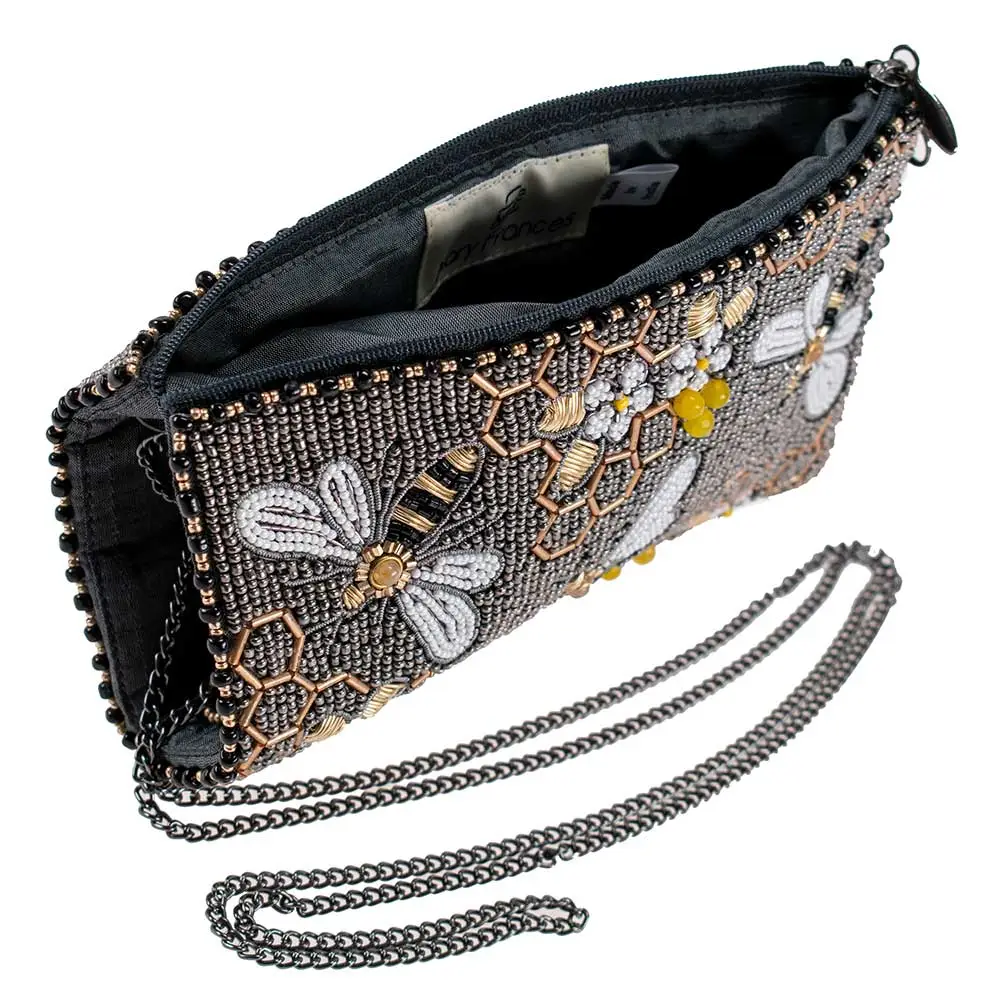 Bee Awesome Beaded Bumble Bees Crossbody Phone Bag top/side open