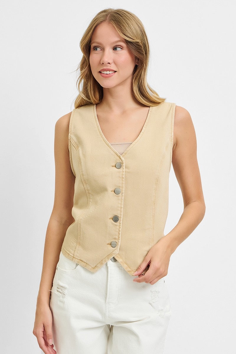 V-neck Button Down Vest latte front