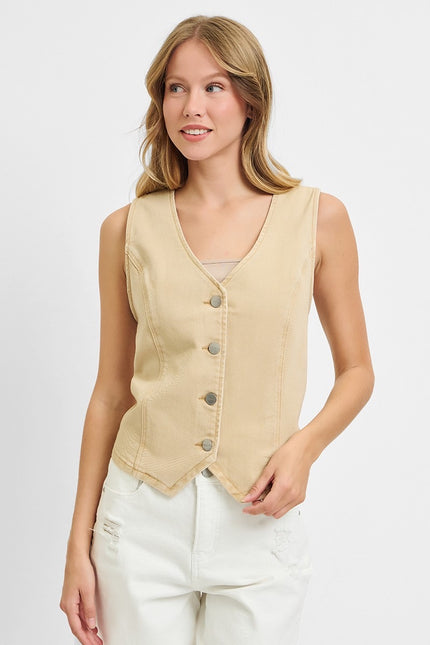 V-neck Button Down Vest latte front