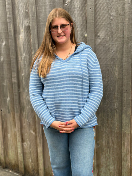 Coastal Stripe Lightweight Hoodie Sweater, blue grey-front