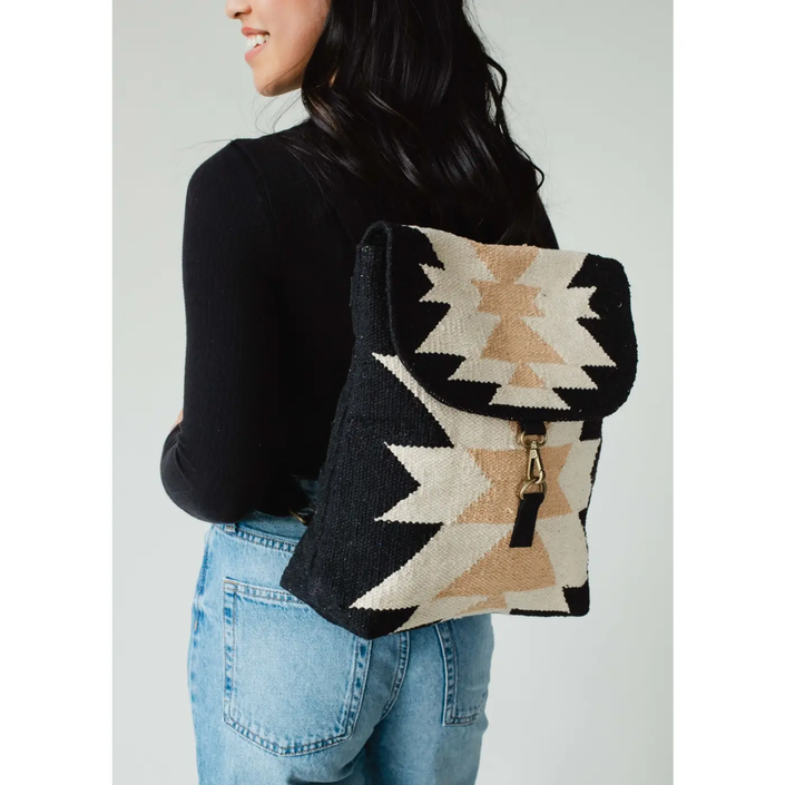 Black, Cream & Tan Aztec Backpack front/side