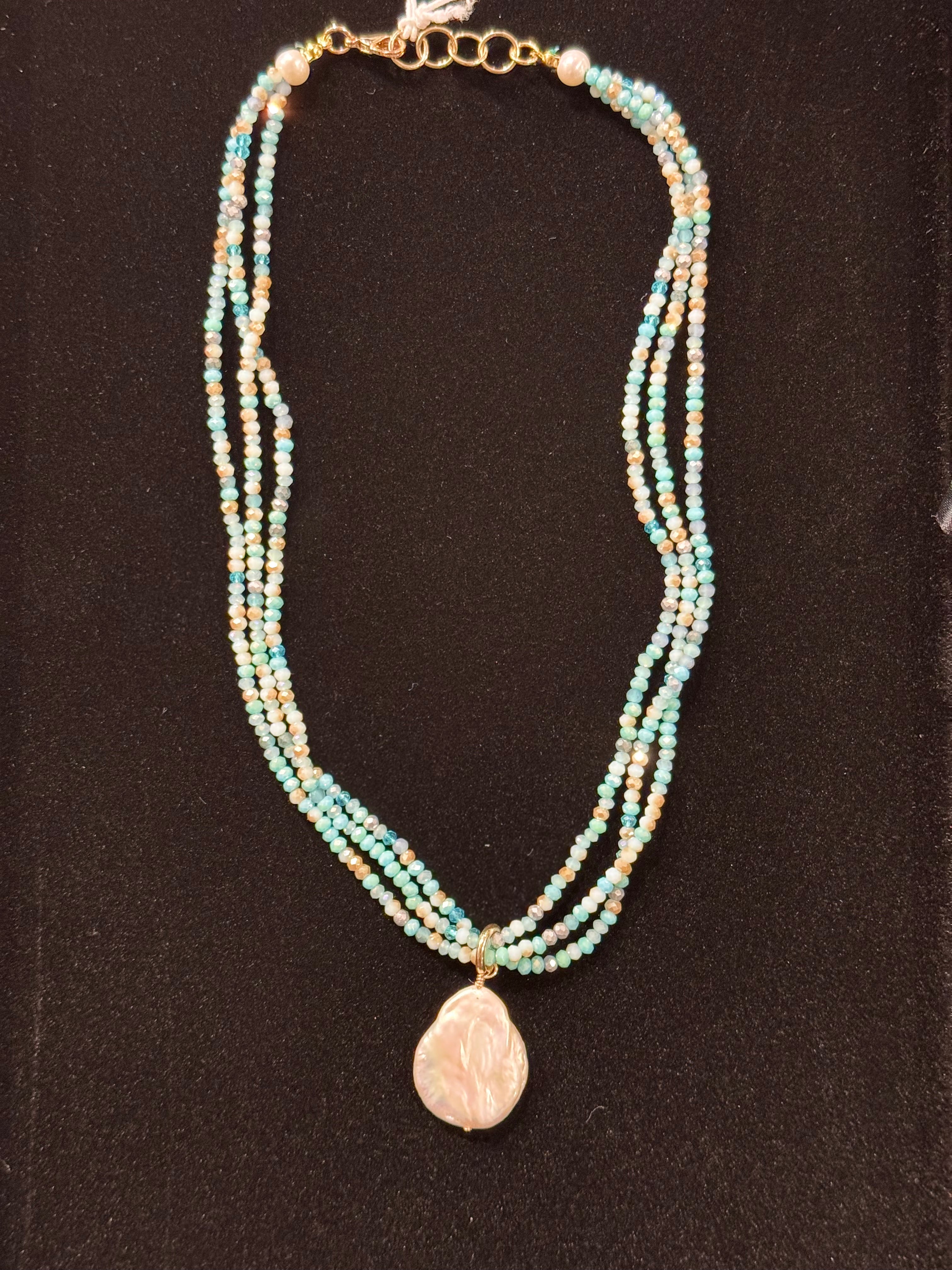 Three Strand Aqua Beaded Necklace with Pearl Drop nw 24 70