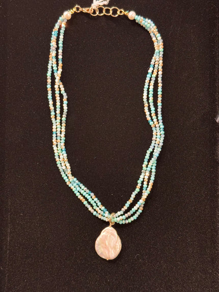 Three Strand Aqua Beaded Necklace with Pearl Drop nw 24 70