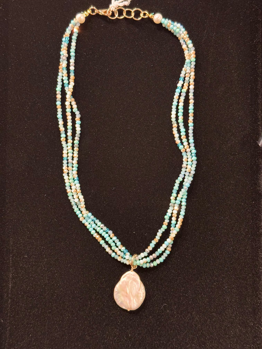 Three Strand Aqua Beaded Necklace with Pearl Drop nw 24 70